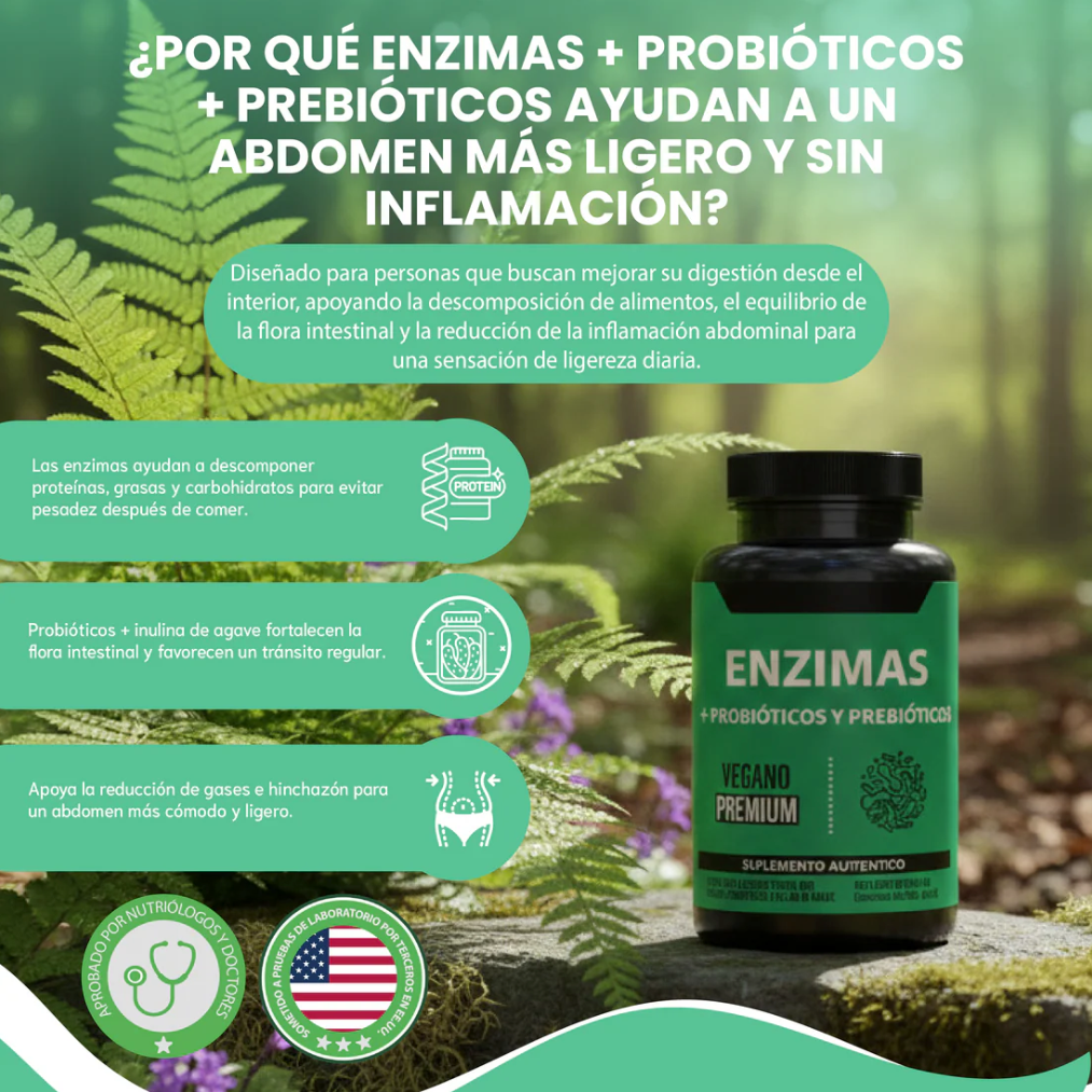 Enzimas + Probióticos y Prebióticos - Suplemento alimenticio vegano premium para mejorar la digestión.