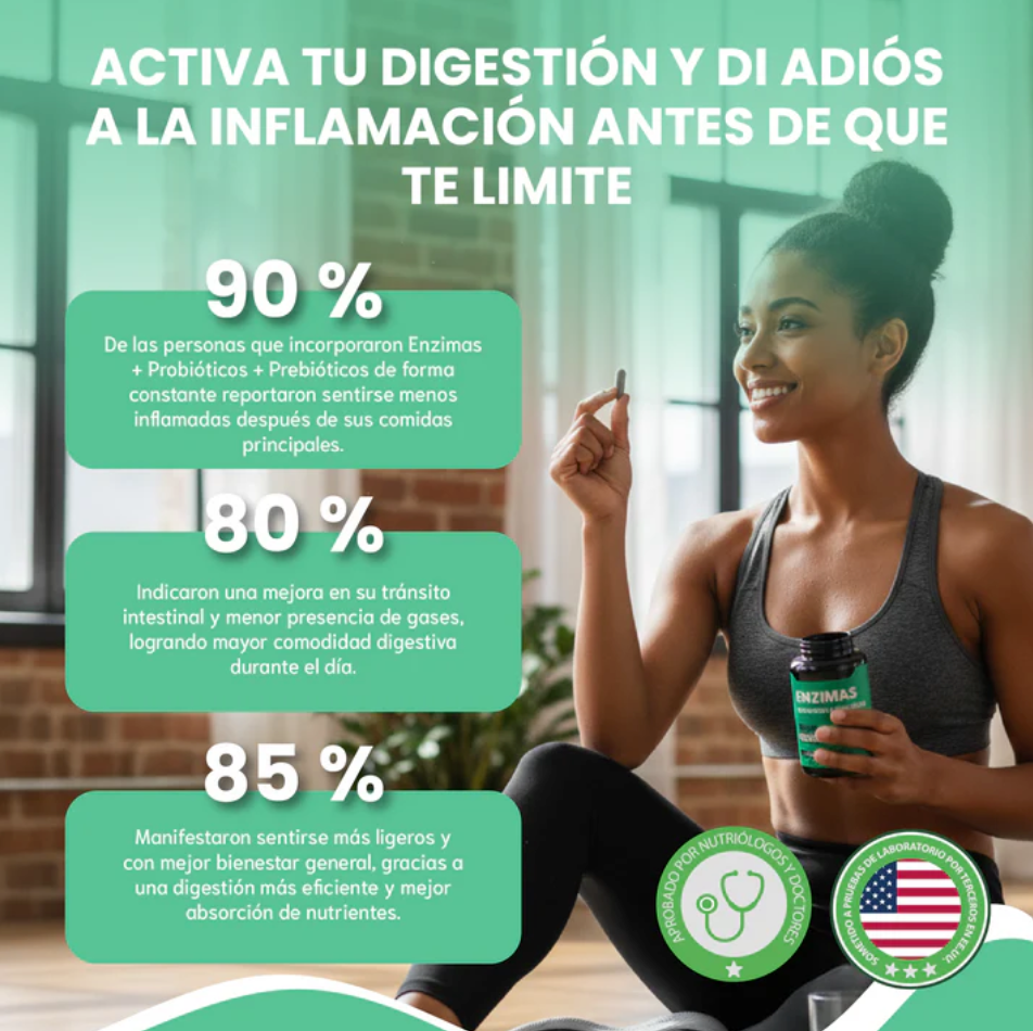 Enzimas + Probióticos y Prebióticos - Suplemento alimenticio vegano premium para mejorar la digestión.