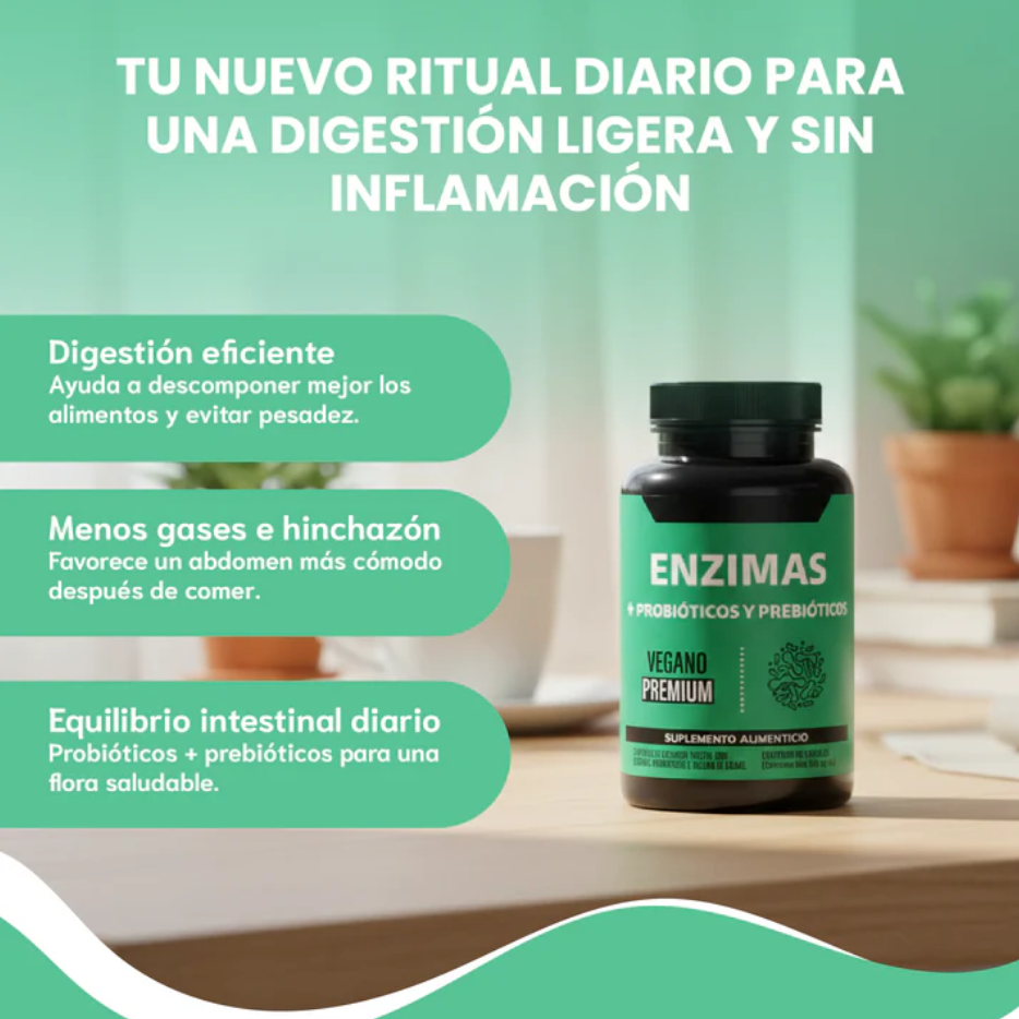 Enzimas + Probióticos y Prebióticos - Suplemento alimenticio vegano premium para mejorar la digestión.