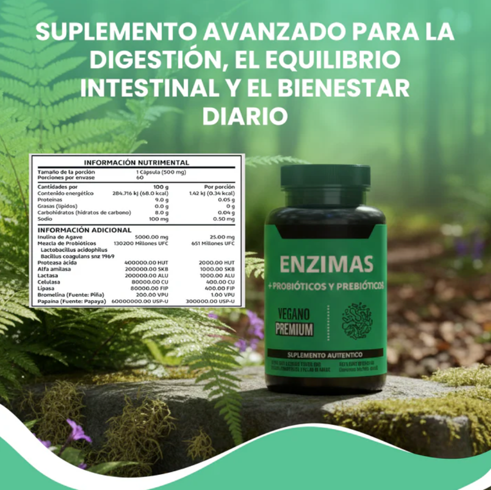 Enzimas + Probióticos y Prebióticos - Suplemento alimenticio vegano premium para mejorar la digestión.