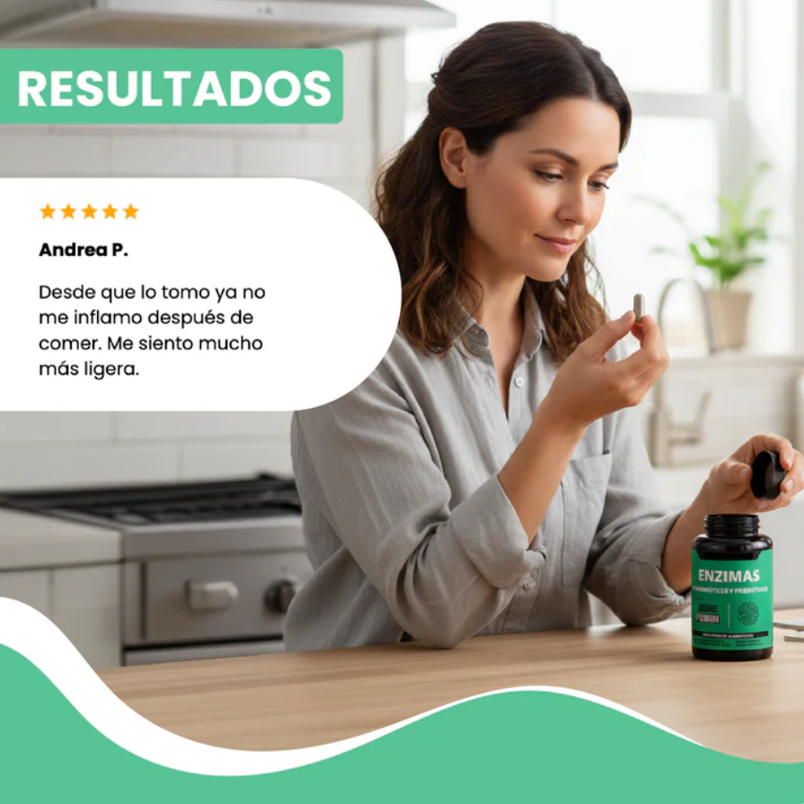 Enzimas + Probióticos y Prebióticos - Suplemento alimenticio vegano premium para mejorar la digestión.