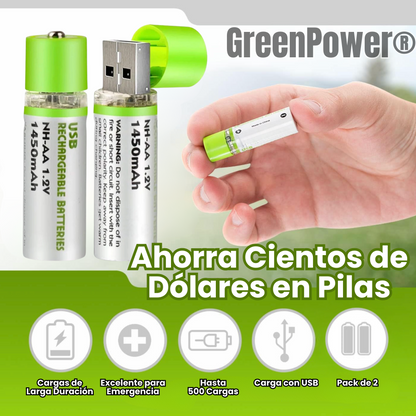 GreenPower® - Pack x2 Pilas AA Recargables USB