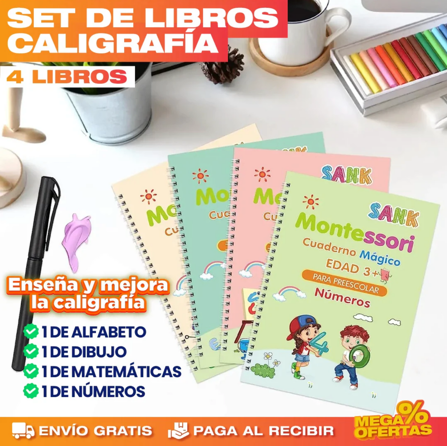 Set de 4 Libros de Caligrafía con Tinta Mágica Reutilizable