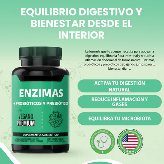 Enzimas + Probióticos y Prebióticos - Suplemento alimenticio vegano premium para mejorar la digestión.