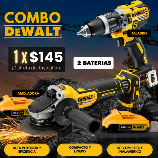 Combo DeWalt Profesional: Taladro de Impacto + Amoladora + 2 Baterías 20V(Oferta Limitada)